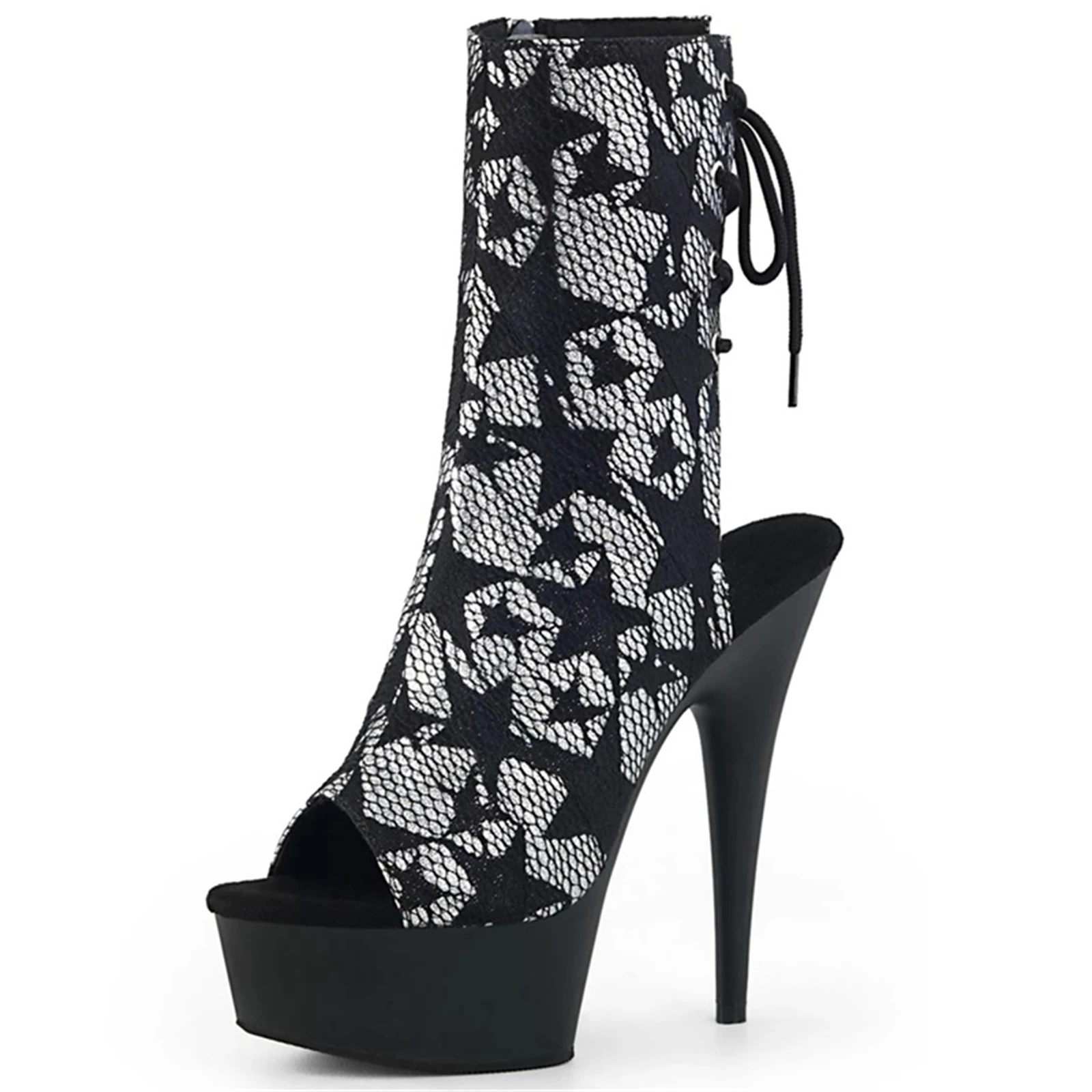 

15CM Platform Ankle Boots Black, Peep Toe Lace Up Booties with Star Pattern, Chunky Heel Party Shoes for Women