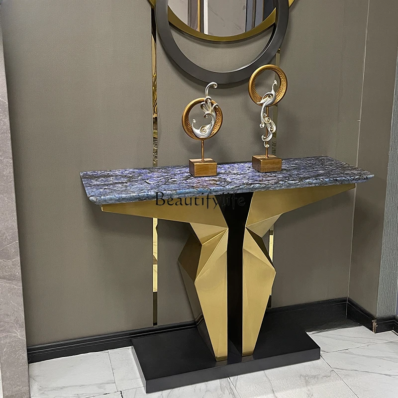 Light Luxury and Simplicity Stainless Steel Console Table Luxury Stone Natural Marble Corridor against the Wall