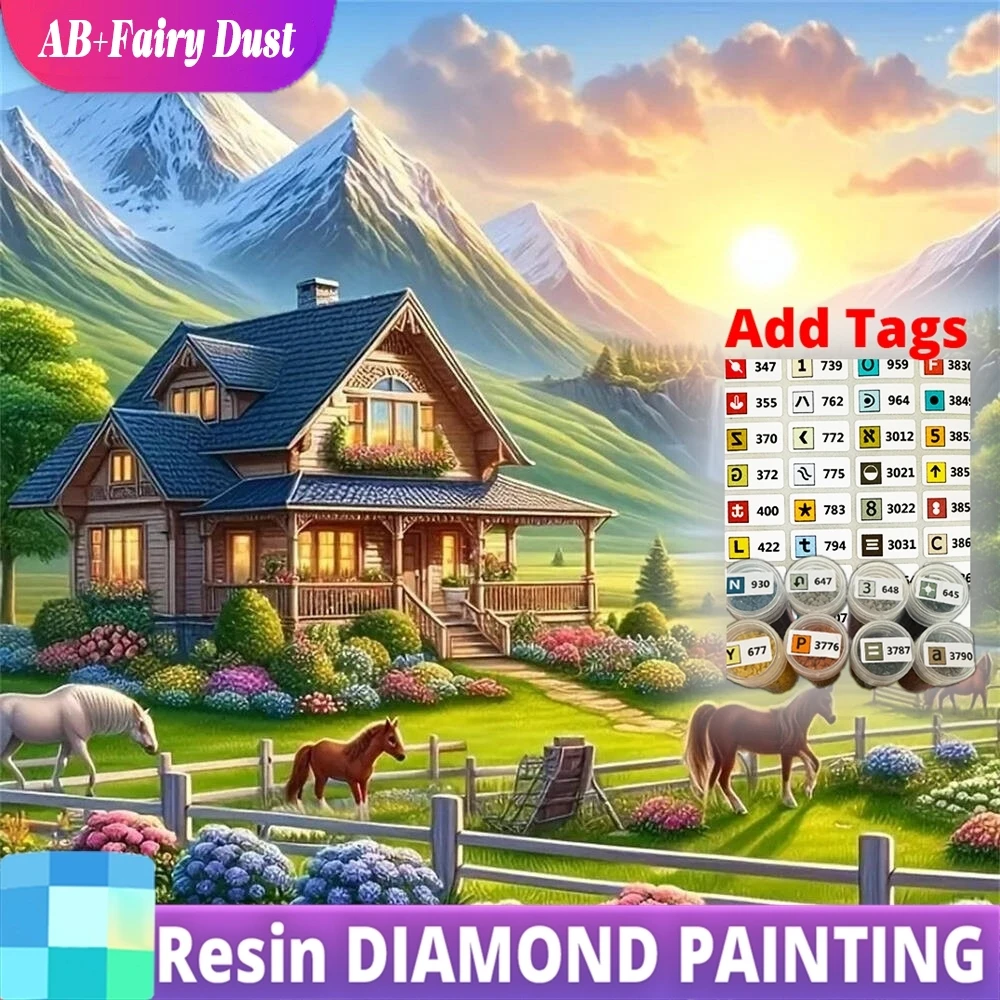 

Resin AB Fairy Dust Diamond Mosaic House Landscape Painting Mountain Waterfall DIY Suitable For Beginners Horse Holiday Gifts