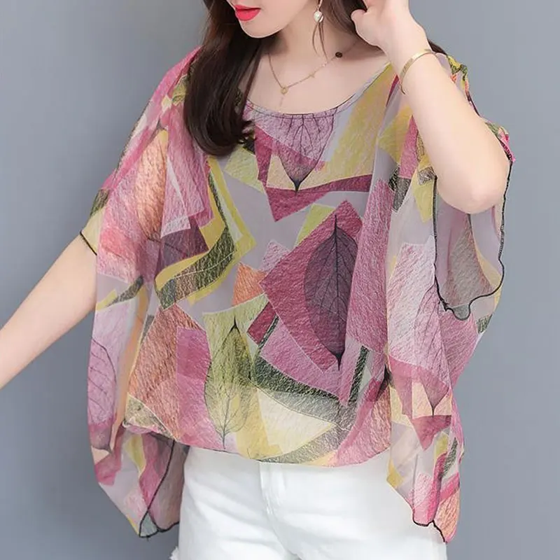 Summer Thin Casual Printed Korean Loose T-shirt Women\'s Clothing Patchwork All-match Round Neck Short Sleeve Chiffon Pullovers