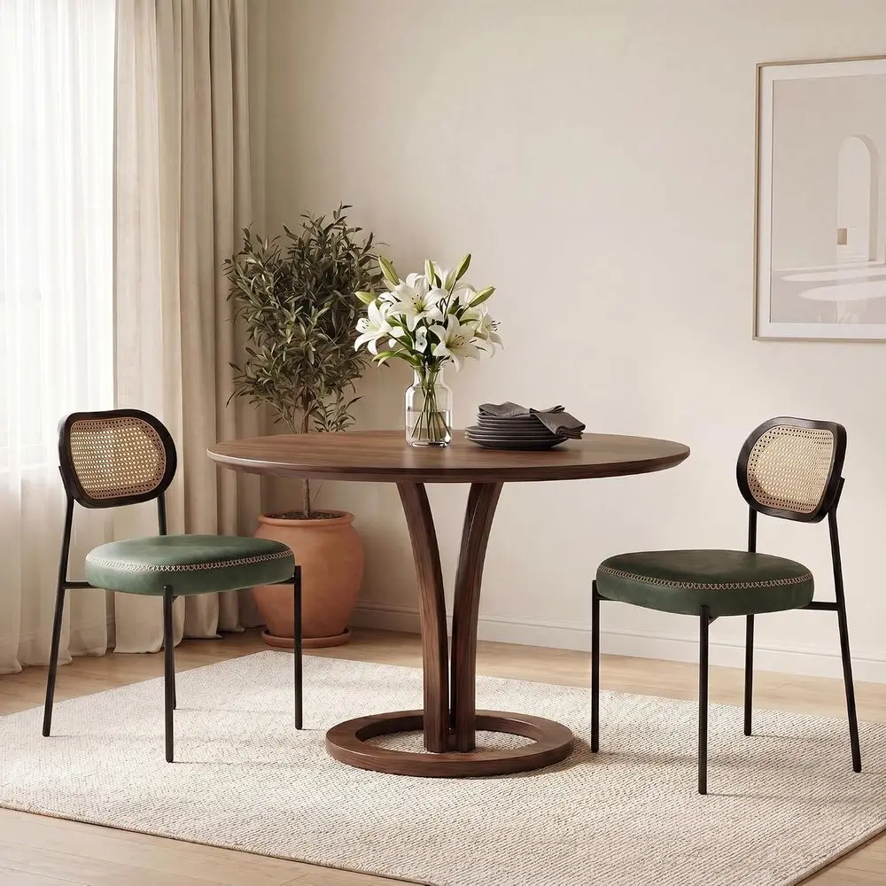 Green Leather Rattan Cane Back Dining Chairs Set of 2 with Black Metal Legs and D-Shaped Cushion