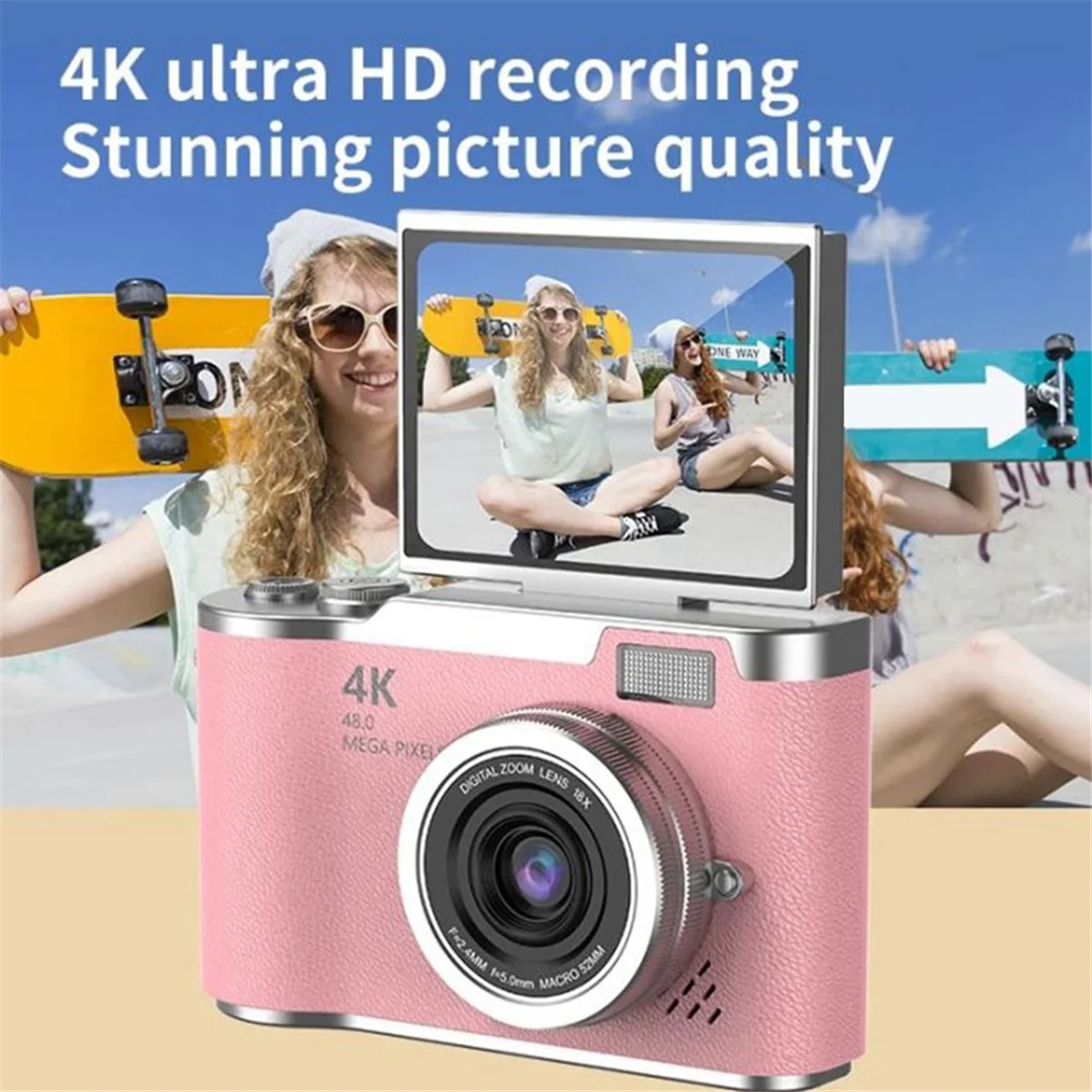 A20M 4K CCD 8X Digital Zoom Camera for Student 48MP Compact Digital Photography Camera 180 Flip Screen Selfile Camera Black