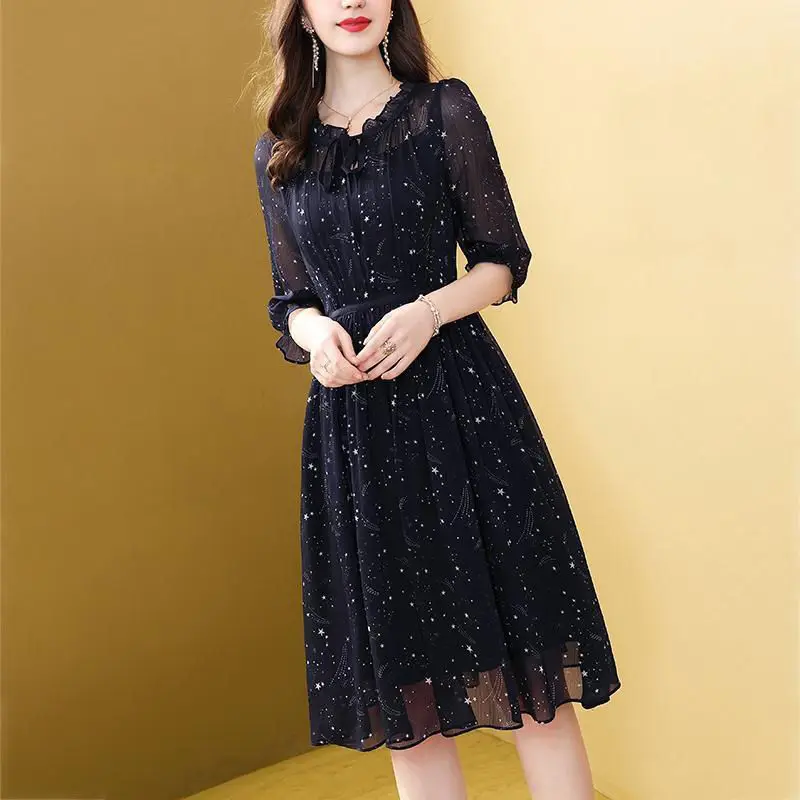 Sweet Bow Starry Sky Print Dress Summer 2023 Three Quarter Petal Sleeve Ruffled Neck Chiffon Pullover Midi Dress Womens Clothing