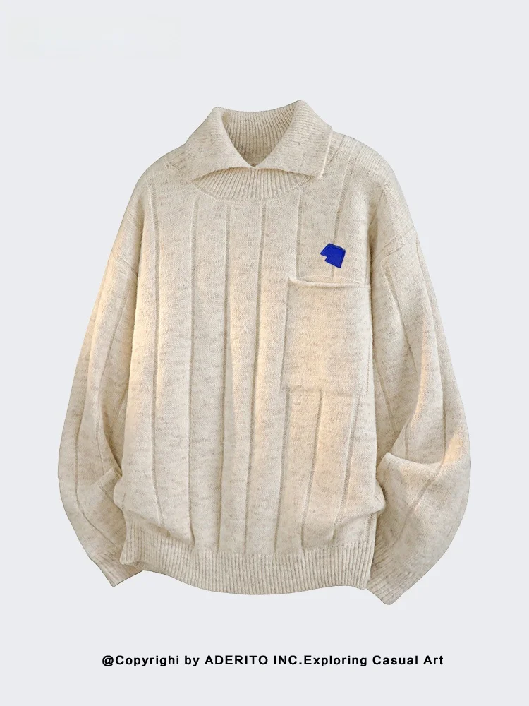 

Retro American Sle Men's Knitted Sweater Collared Base Layer Top for Autumn Winter Flip Collar Long Sve Warm Polyester