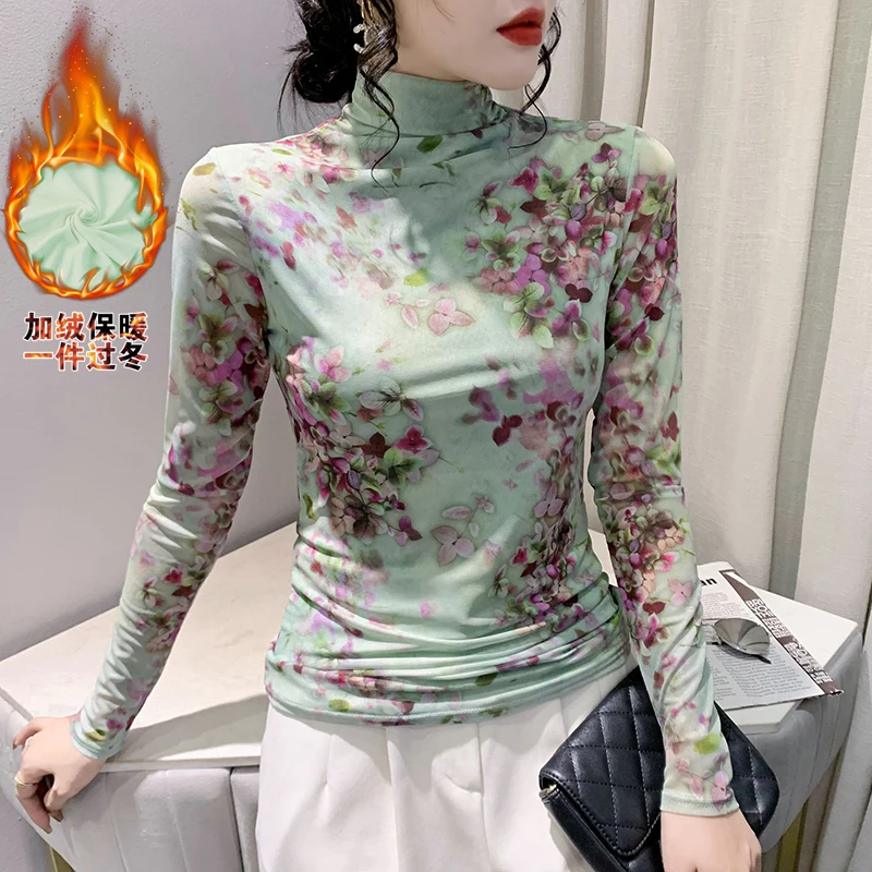 2023 Autumn Winter Thick Mesh T Shirt Women Turtleneck Full Sleeve Printed Flowers Base Tees Female Sweet T-shirts FF6617