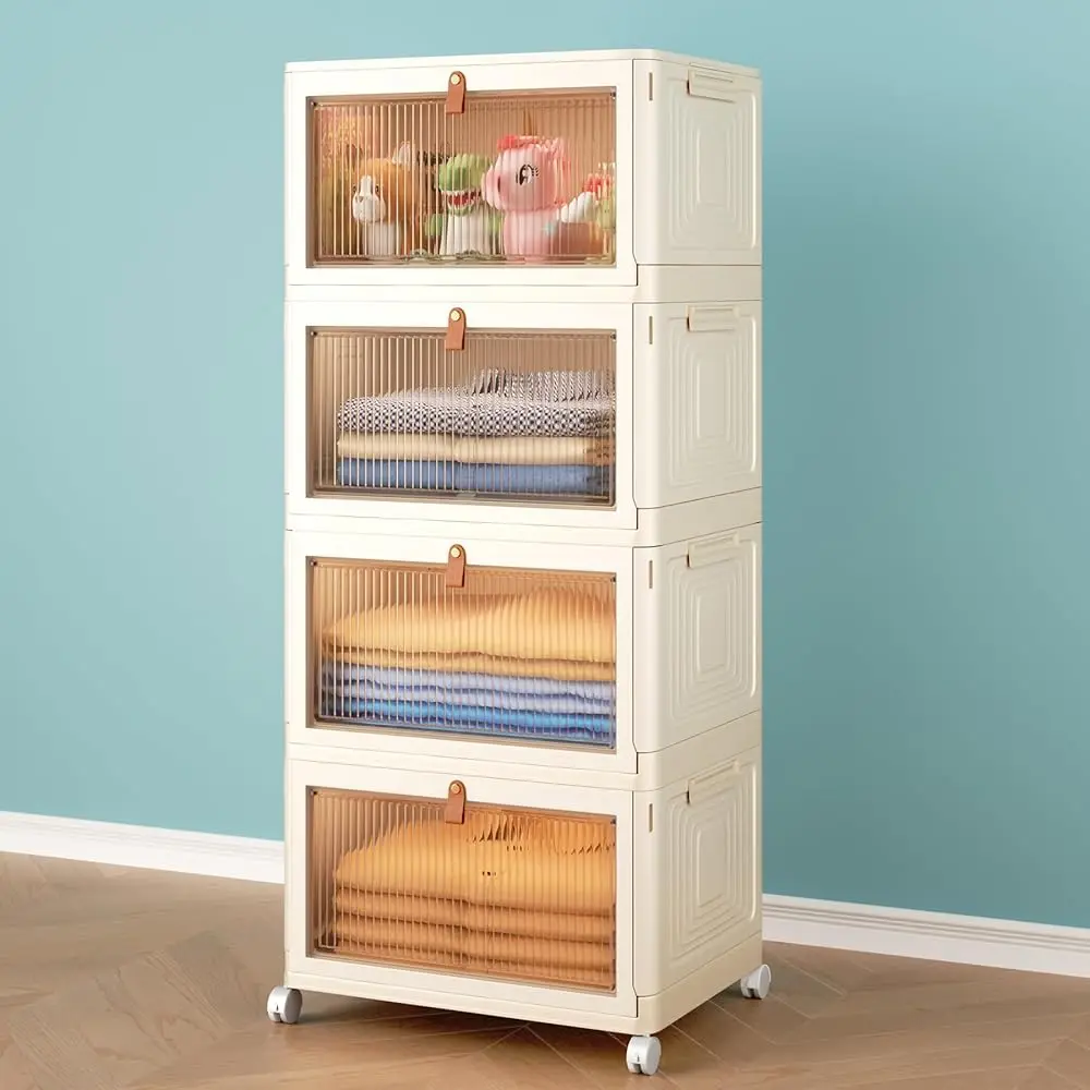 

4 Tier Stackable Plastic Storage Bins With Lid And Wheels - 23 Qt Closet Organizers And Storage, Foldable Storage Containers,