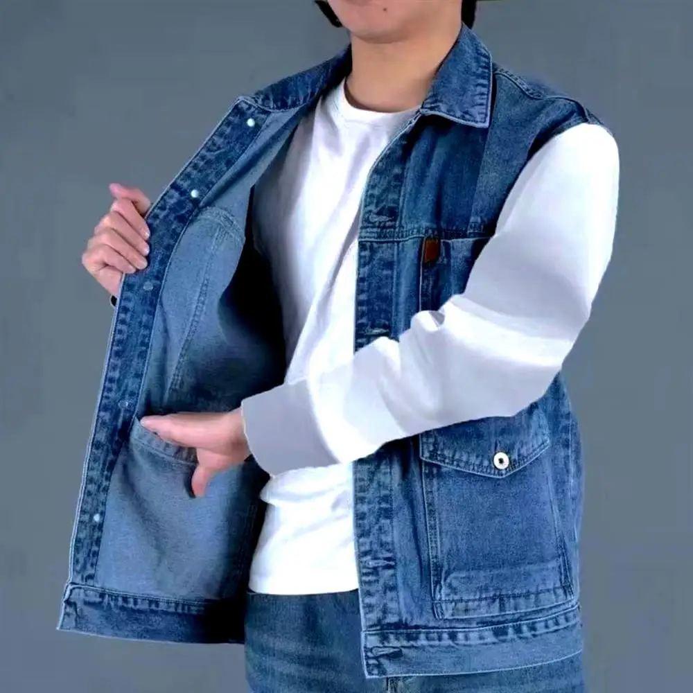 Outdoor Wearable Multi-Pocket Denim Jacket for Men Sleeveless Work Vest Spring Autumn Seasonal Casual Loose Fit Cotton Jeans ...