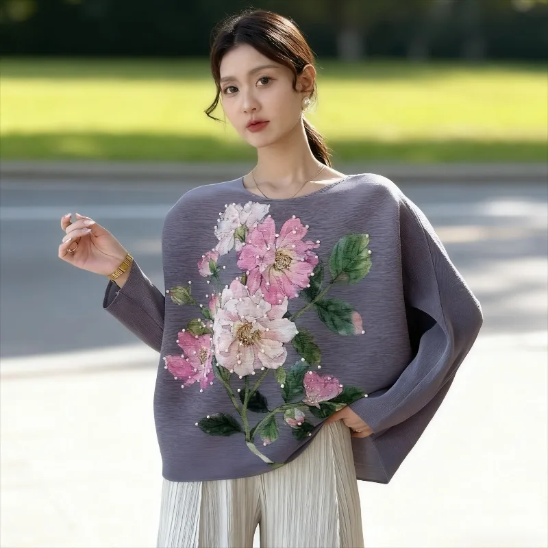 

Pleated Round Neck Women's T-shirt Miyake New Vintage Floral Print Blouse Bat Sleeve Beaded Loose Stretch Large Size Women's