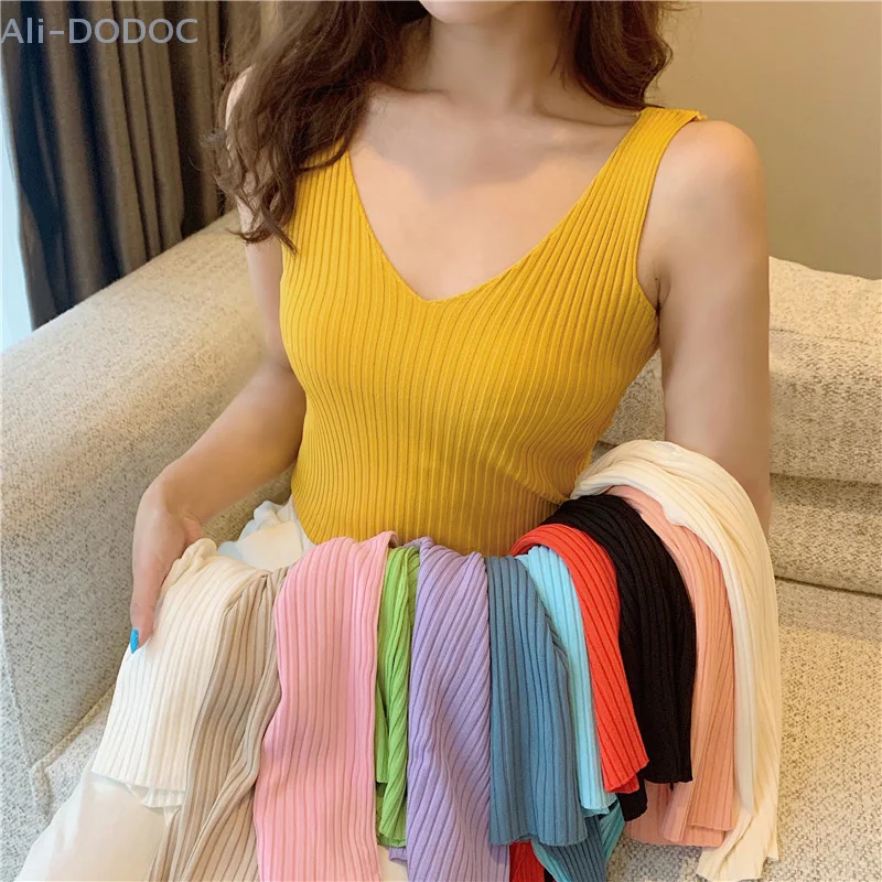 V-neck Knitted Ice Silk Sleeveless Top Thin Vest Knit Sweater Women Sexy Slim Camisole Female Women Clothing Spring Summer Fall