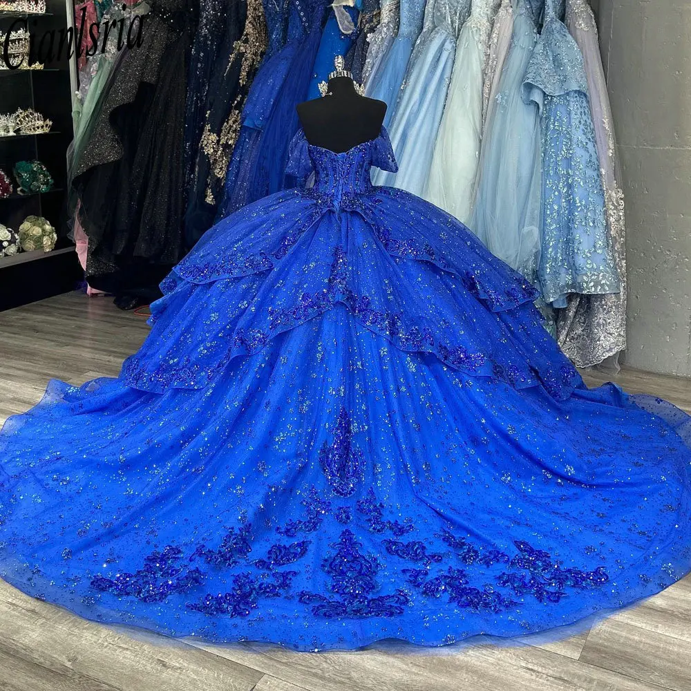 Vestido De quinceañera azul real con lentejuelas brillantes, De encaje vestido De baile De cristal, corsé con volantes y hombros descubiertos, Años XV