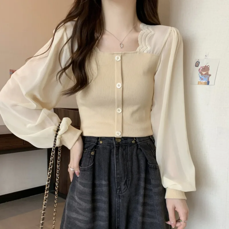 French Splicing Fake two pieces Square Collar Women Knitted shirt jacket Flare Sleeve Unique Slim fit top black beige