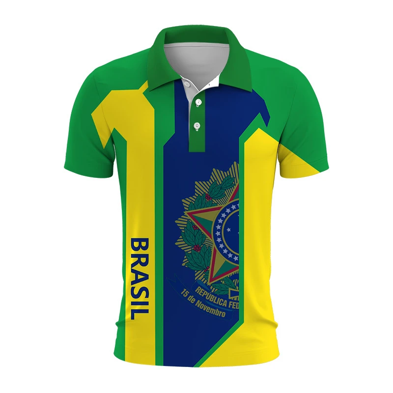 Brazil National Emblem 3d Printed Summer Button Down Collar Polod For Men Casual Tops Oversized Short Sleeve Trend Men Clothing