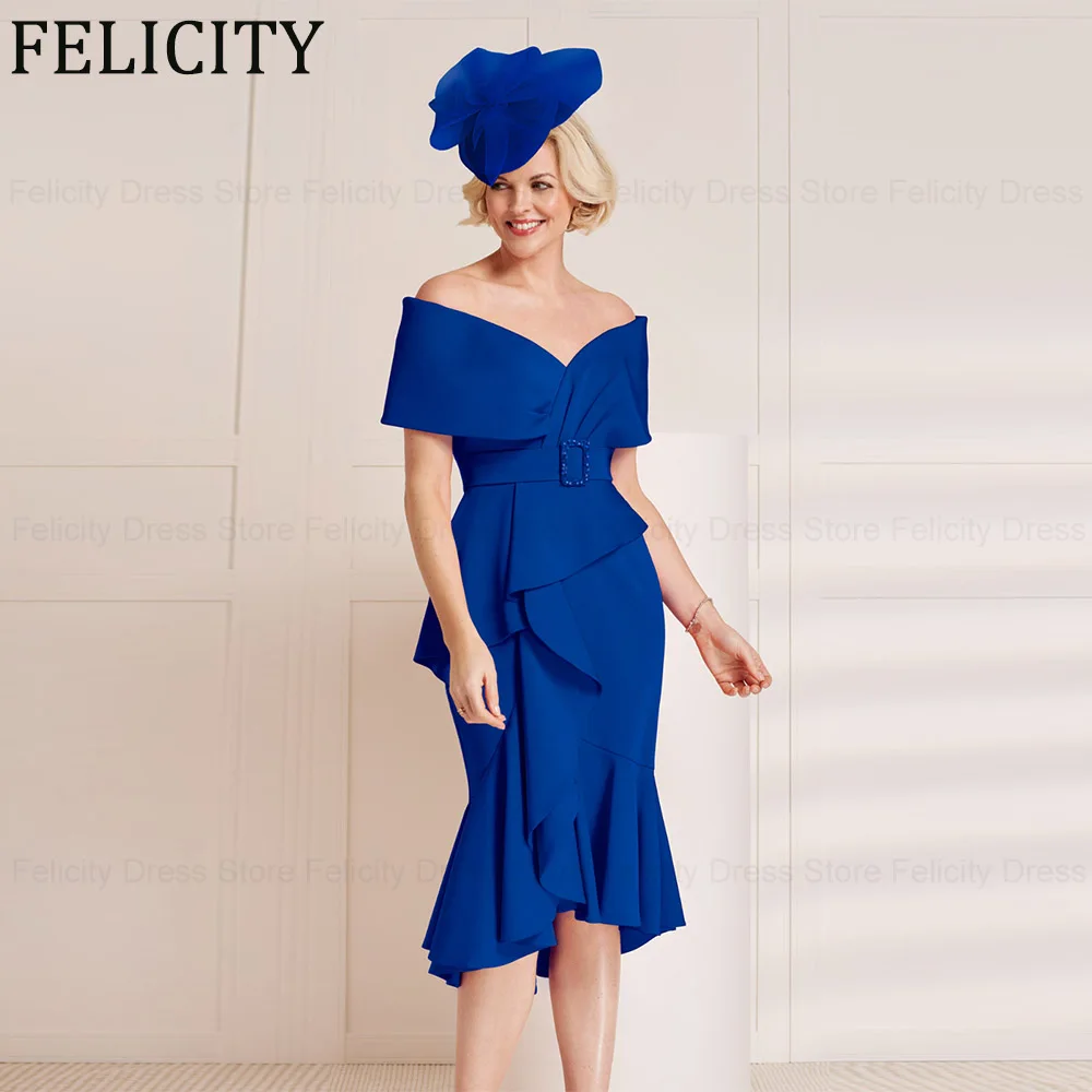 

FELICITY Mother of the Bride Dresses 2024 Sheath Off the Shoulder Wedding Guest Dresses Belt Pleated Knee-Length Evening Gowns