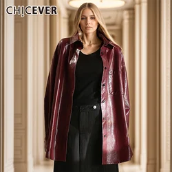 CHICEVER Vintage PU Outerwear For Women Lapel Long Sleeve Patchwork Pocket Streetwear Casual Shirt Coats Female Autumn Clothing