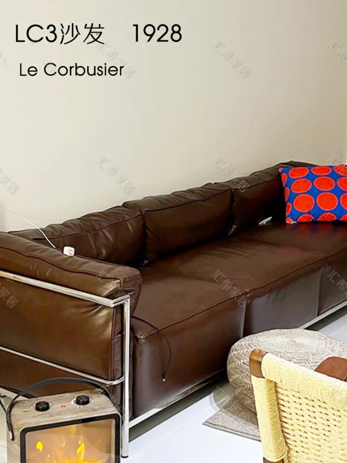 

French retro three-person down leather sofa modern living room and reception room in a straight row