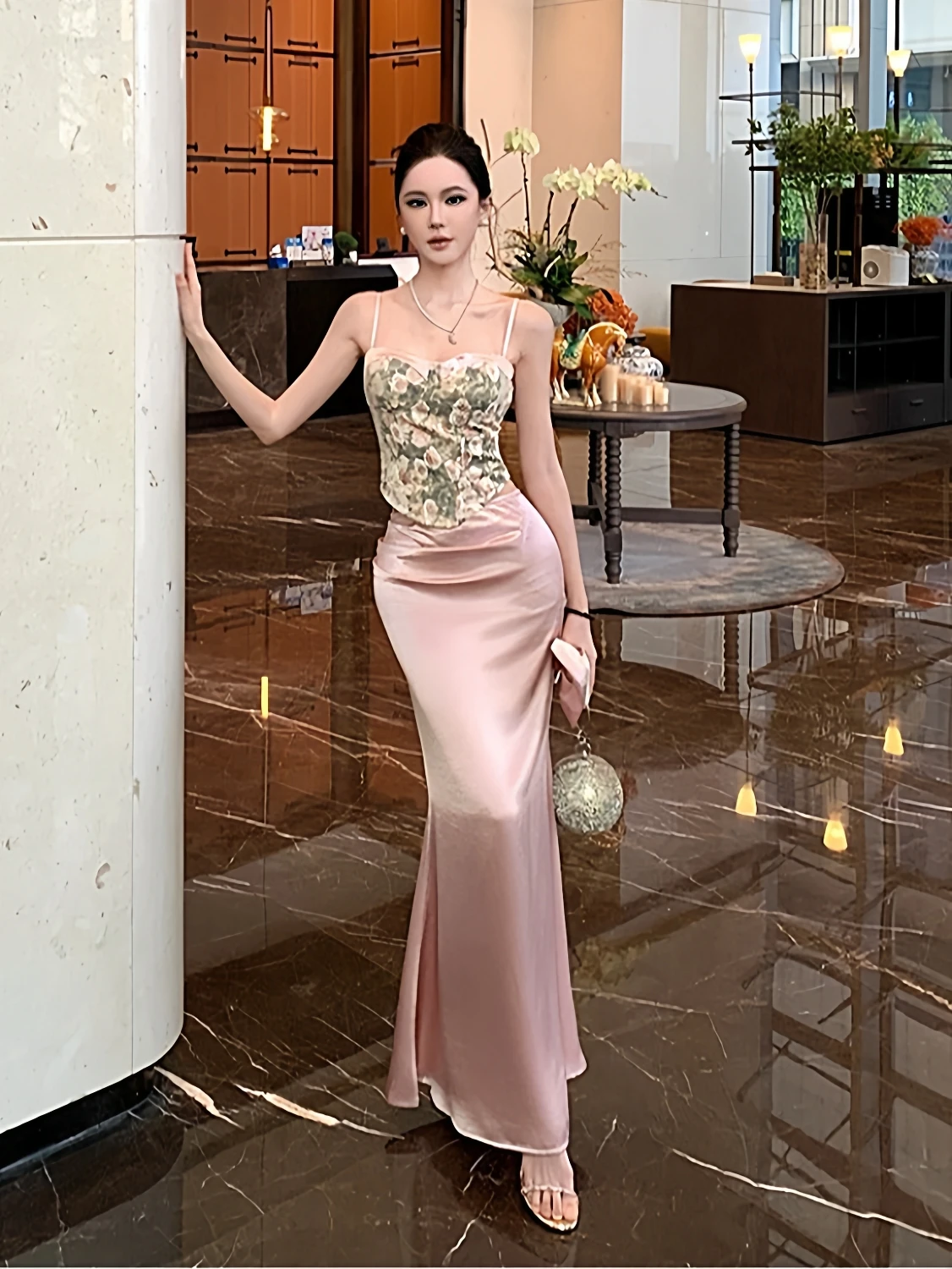 

Ele Floral Print ter Top And Satin Skirt Set Women's High Waist Drapey Fi Tail Gown Two Piece Ensemble Breathable