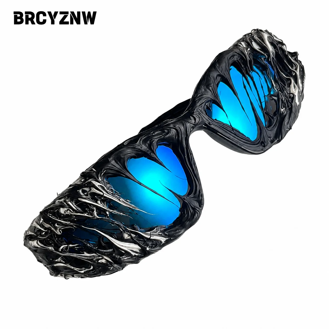 Brcyznw Y2K Avant-Garde Style Glasses, Black Three-Dimensional Sculpted Pattern Wrap-Around Glasses, Blue-Purple Reflective Front Panel, Suitable for Cosplay and Futuristic Looks
