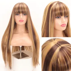 Peruca sintética com franja para mulheres, cabelo liso e natural, preto e rosa, cor de piano, peruca feminina, 30in, # p4/27