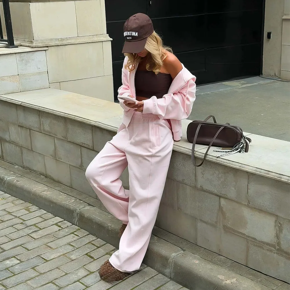 

Zipper Cardigan Sweatshirt Set Women 2025 Autumn and Winter New Long Sleeve Sweatshirt and Wide-Leg Pants Set Women