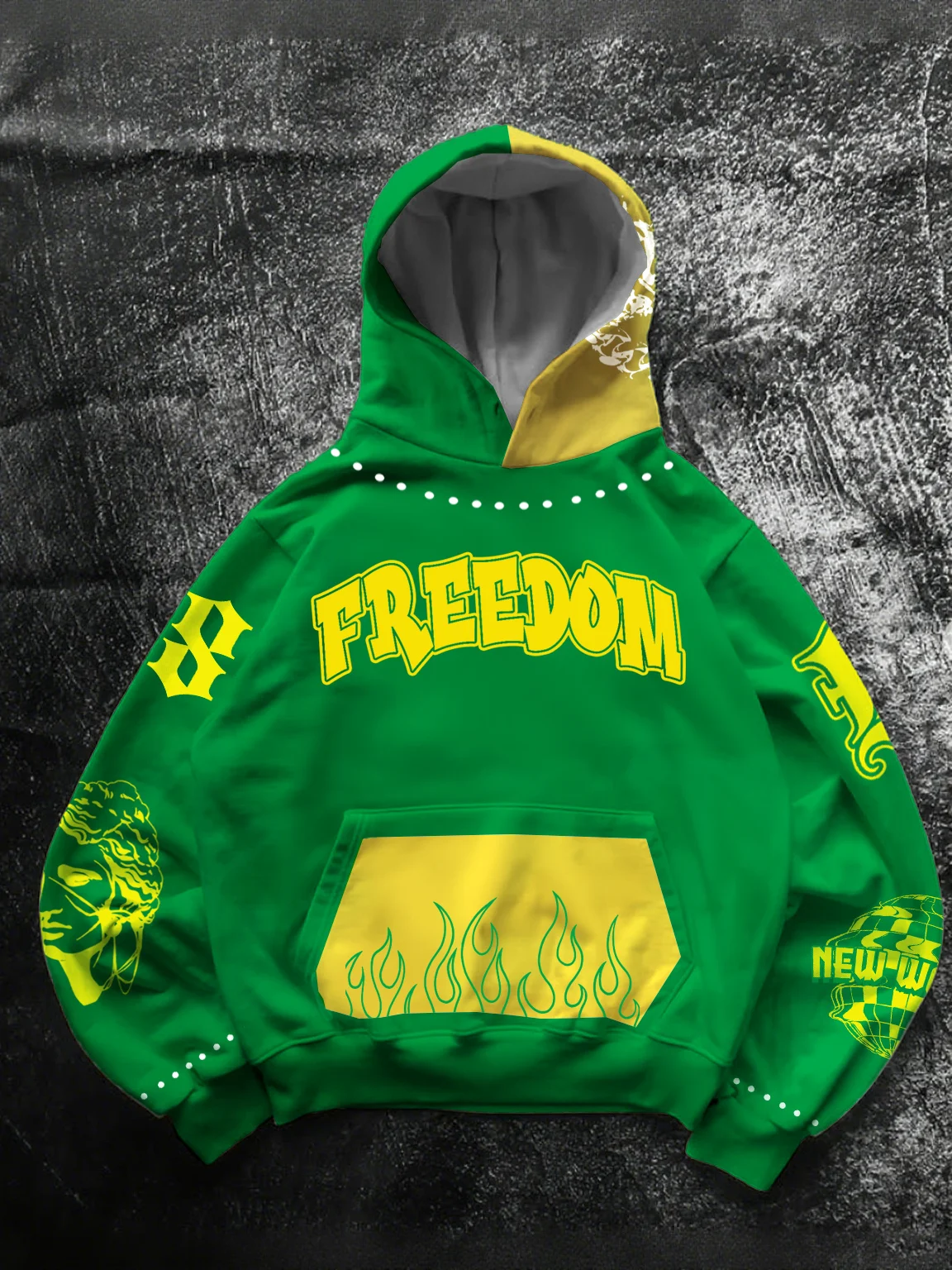 

Autumn and Winter Men's Warm Street Trendy Hoodie Green and Yellow Contrast Freedom Flame Print Fashion Street Hoodie