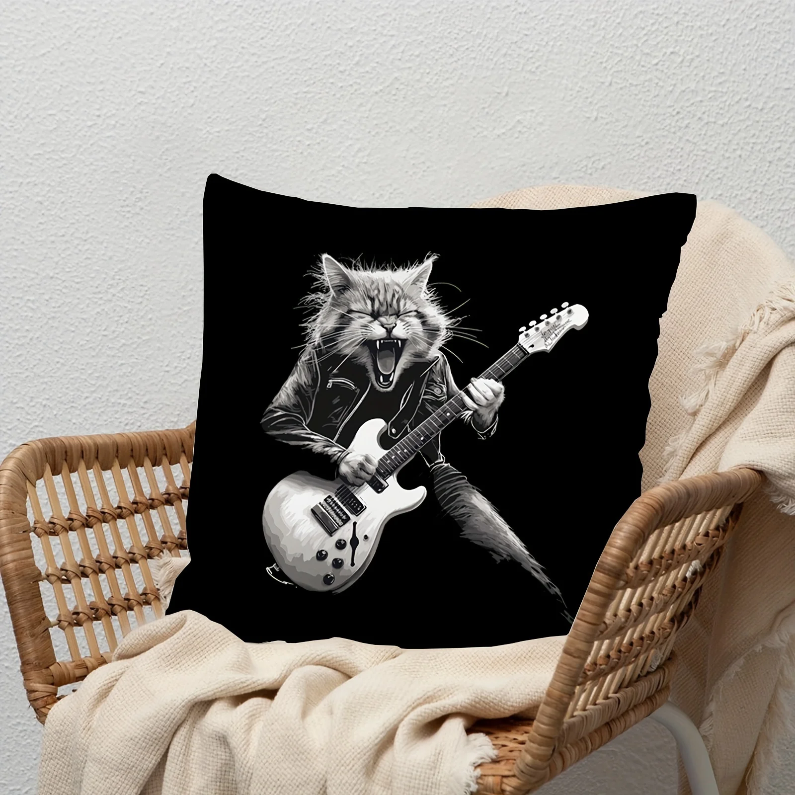 Funda de almohada Rockstar Cat: Cool Kitty con guitarra، Perfect para decoración del hogar y regalos، Design Unique، Elegante