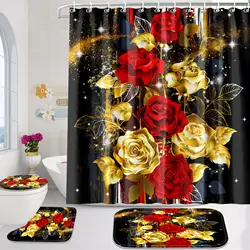 4 Pcs Shower Curtain Set, Rose Bathroom Set,Romantic Shower Curtain Sets with Rugs(Bath Mat,U Shape and Toilet Lid Cover Mat)