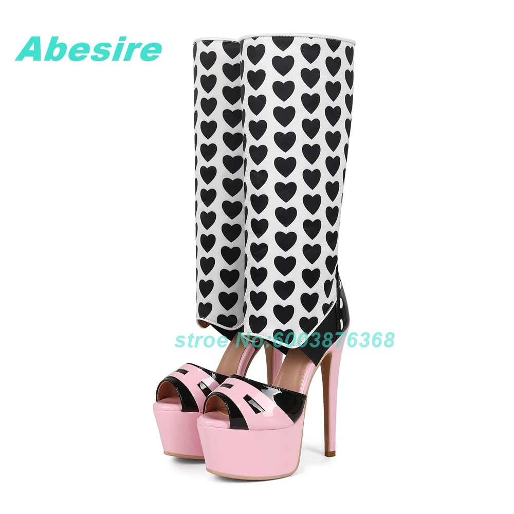 Heart-Shaped Pattern Patchwork Sandal Boots Platform Peep Toe Stiletto Heels Shoes for Women Spicy Girls Fashion Shoes New
