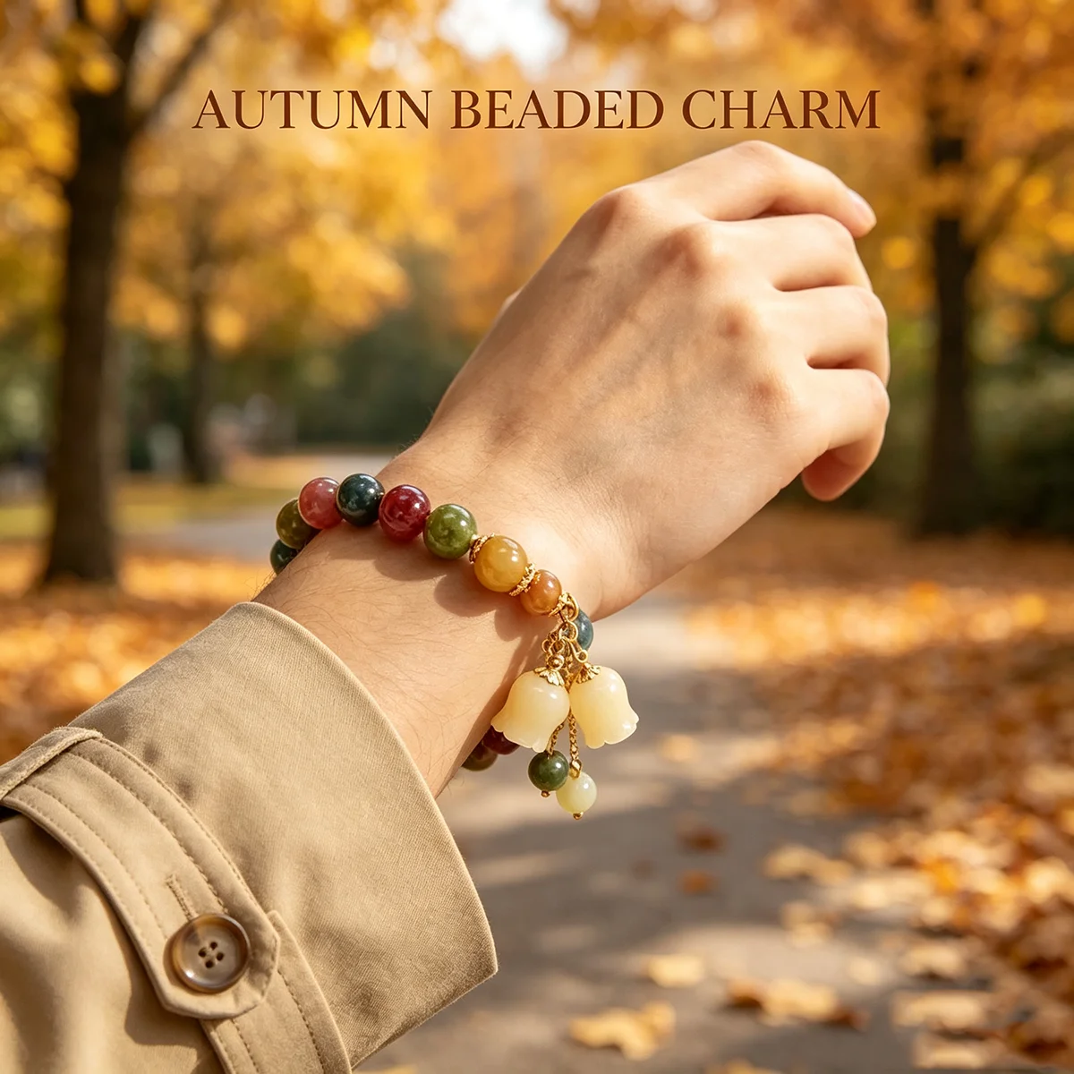 Vintage Antique Style Beaded Bracelet, Chinese Multi Gemstone Wristband with Carved Lily of The Valley Pendant, Retro Heirloom Aesthetic Jewelry Gift for Classic Fashion Lovers
