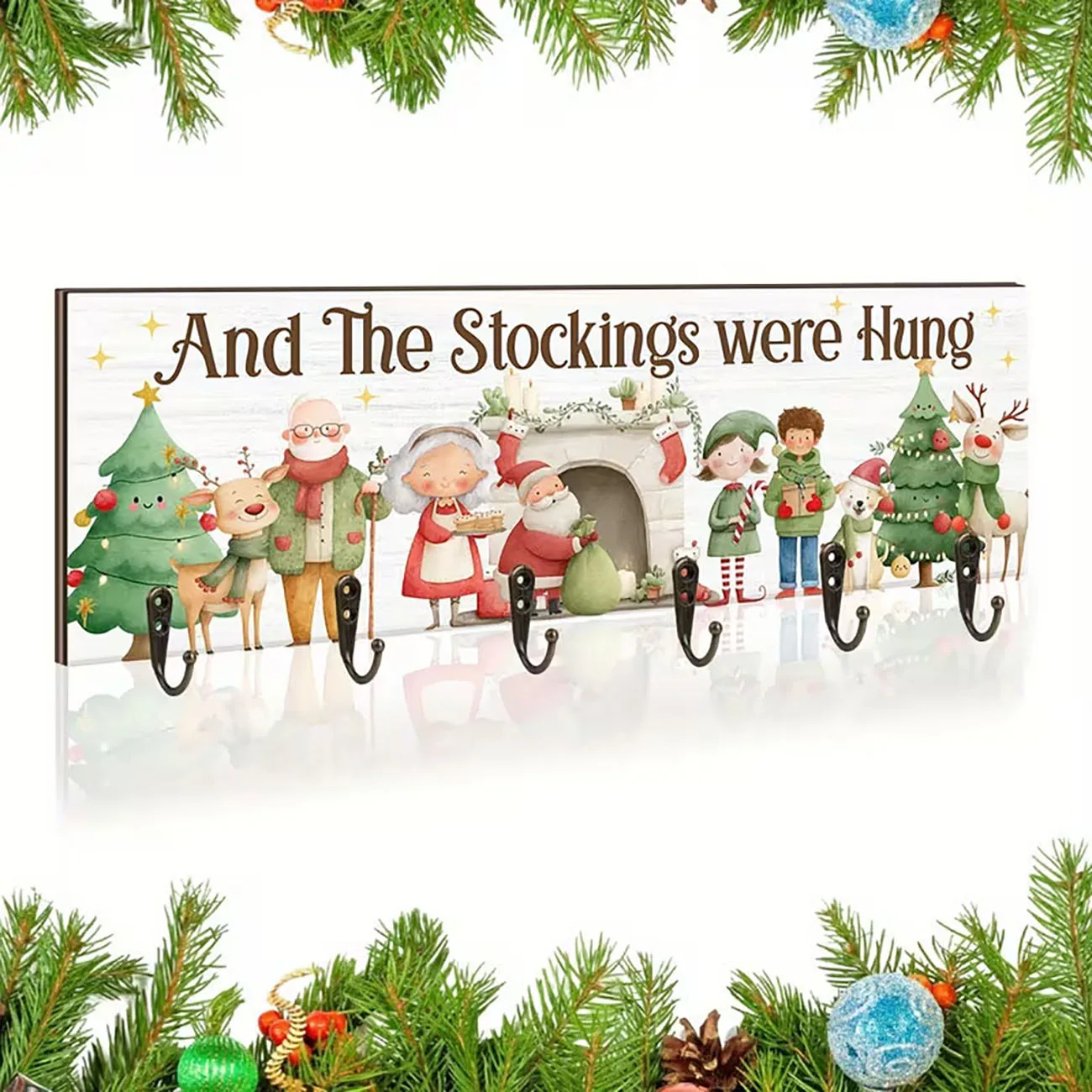 Christmas stocking hanger with Santa family print, six hooks, warm festive wall decor for home.
