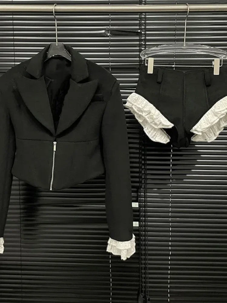Women's Blazer Long Sleeve Two Piece Sets Sexy V Neck Lace Pathchwork Jacket + High Waist Shorts Set Evening Runway Cocktail
