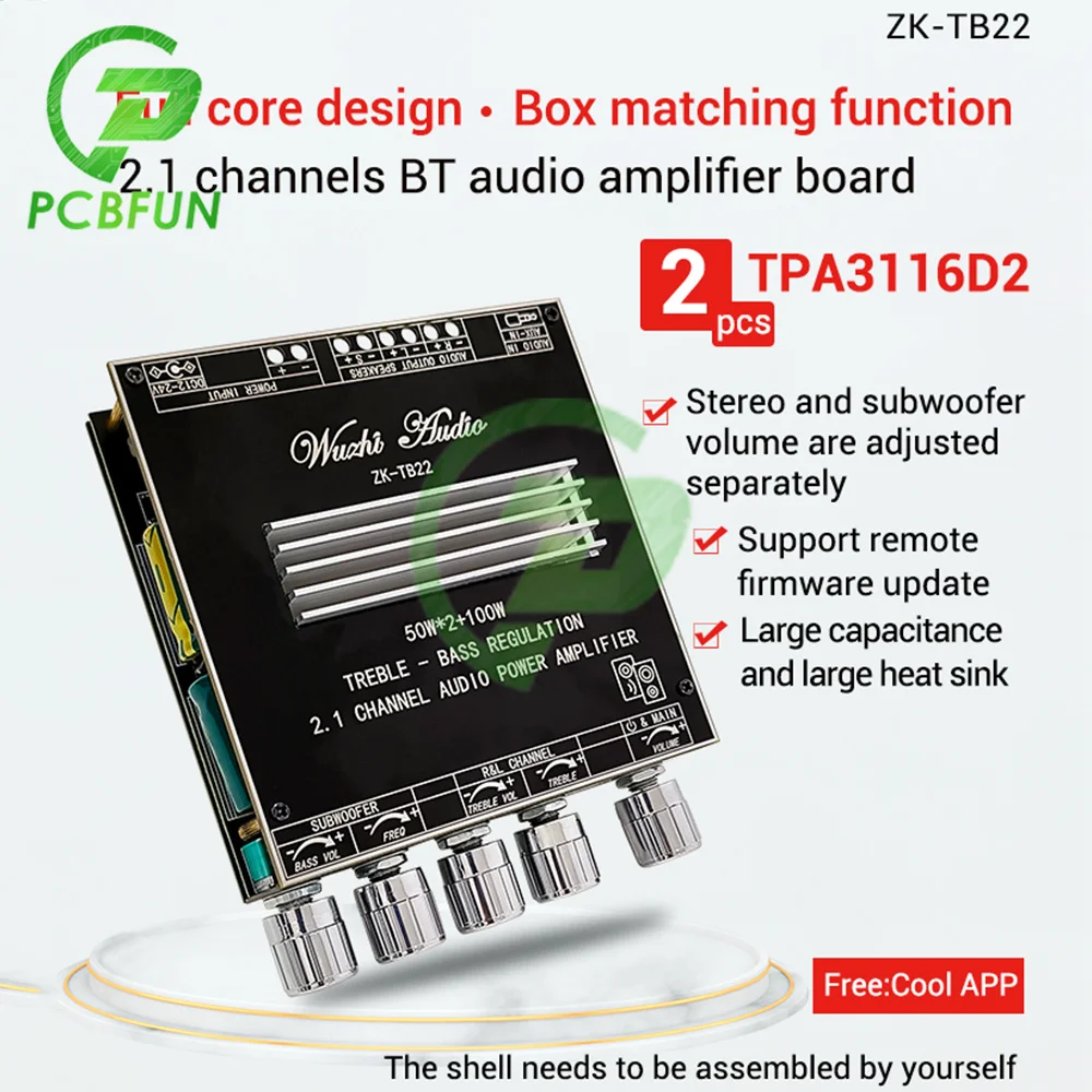 

ZK-TB22 2,1 каналов Bluetooth 5,1 аудио бас усилитель мощности плата стерео твитер сабвуфер TPA3116 50WX2 + 100 Вт TWS беспроводной