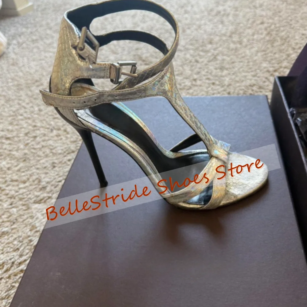 

Gold T-strap Ankle Buckle Sandals Round Toe for Women Stilettos High Heels Fashionable Dinner Party 2025 Zapatos Para Mujeres