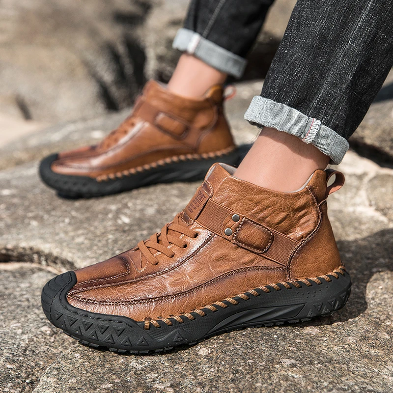 

Mens Outdoor Boots Luxury Handmade Leather Platform Hiking Boots for Men Casual Shoes High Quality Warm Male Ankle Boots Size 48