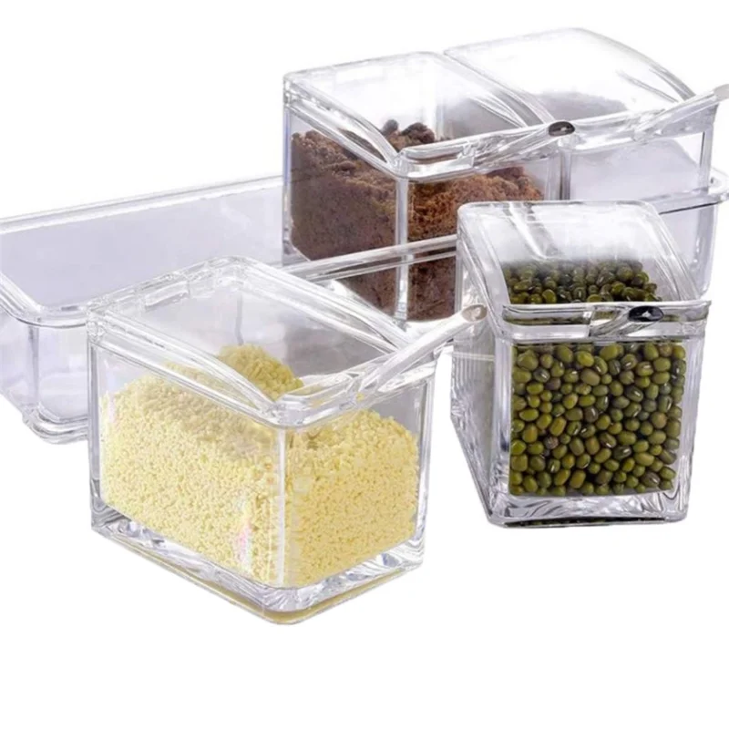 4 Grid Transparent Seasoning Organizer Box Sealed Spice Container Kitchen Gadgets Cozinha Set Condiment Jar Dust-proof Spice Pot