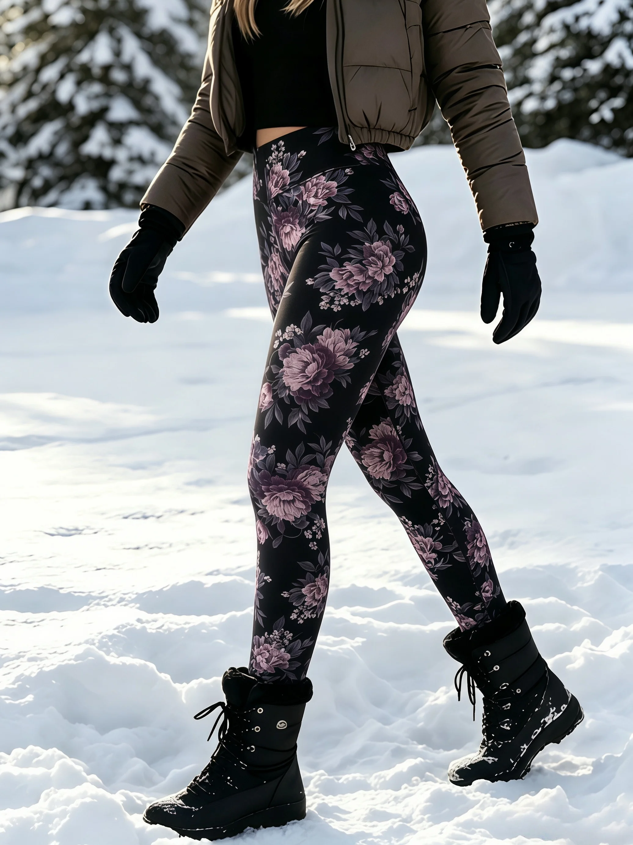 Women's Vintage Floral Printed Fleece Lined V-Waist Ankle Leggings Winter Thick Fleece Lining Heat Lock Cold Sports Pants -5℃~15 - view 5