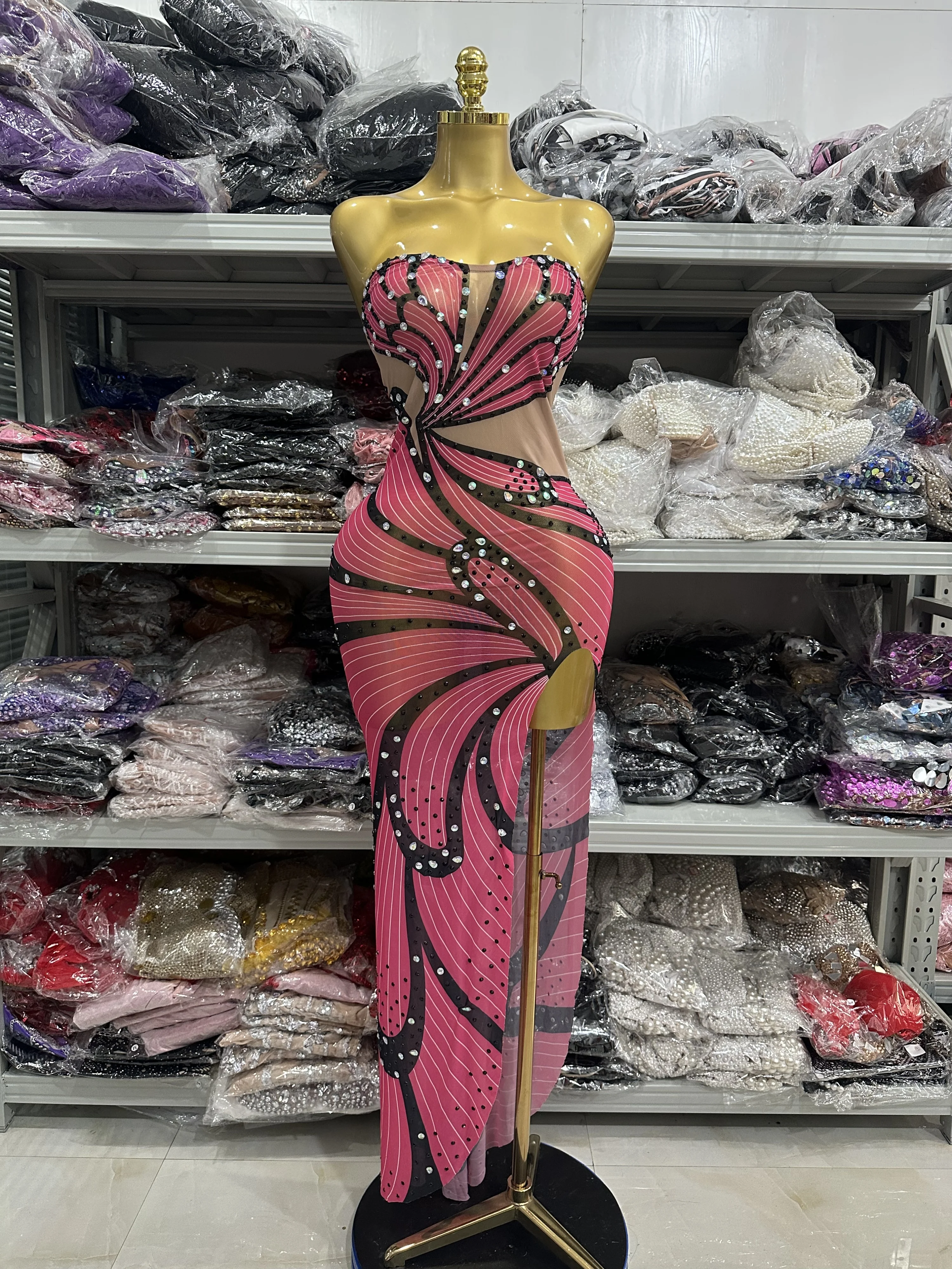 

Women Luxury Rhinestone Sexy Sheath Maxi Long Dress Evening Party Celebrate Birthday Performance Costume Nightclub Outfit