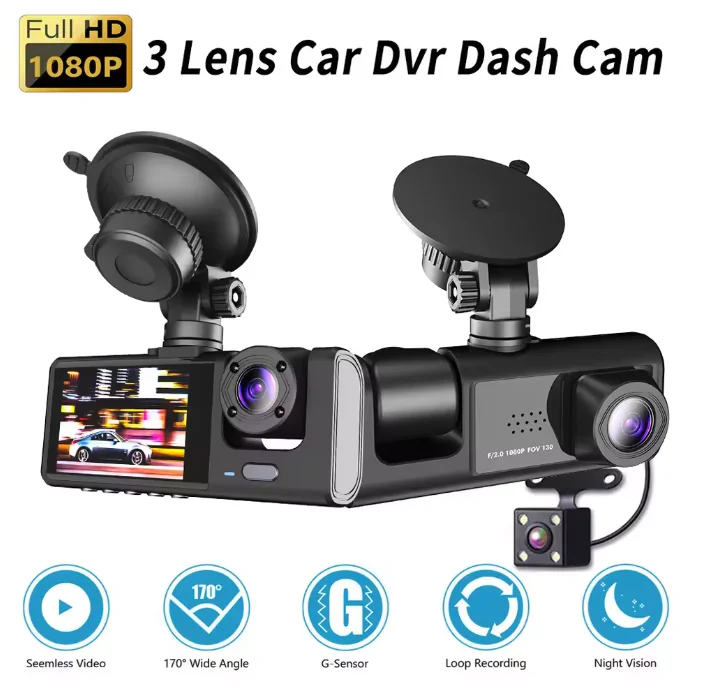 2/3 Lens Dash Cam | FHD 1080P, Ultra-Wide Angle Reverse View, Real-Time Recording, Fits All Vehicle Models