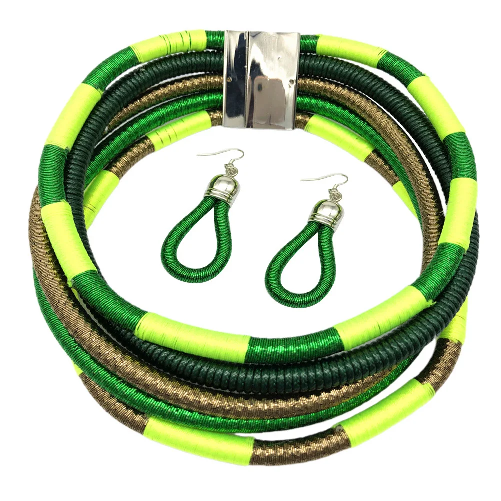 

1 set Multilayer Weaving Necklace Earrings Set Fluorescent Green African Style Handmade Jewelry For Women Party Beach Gift