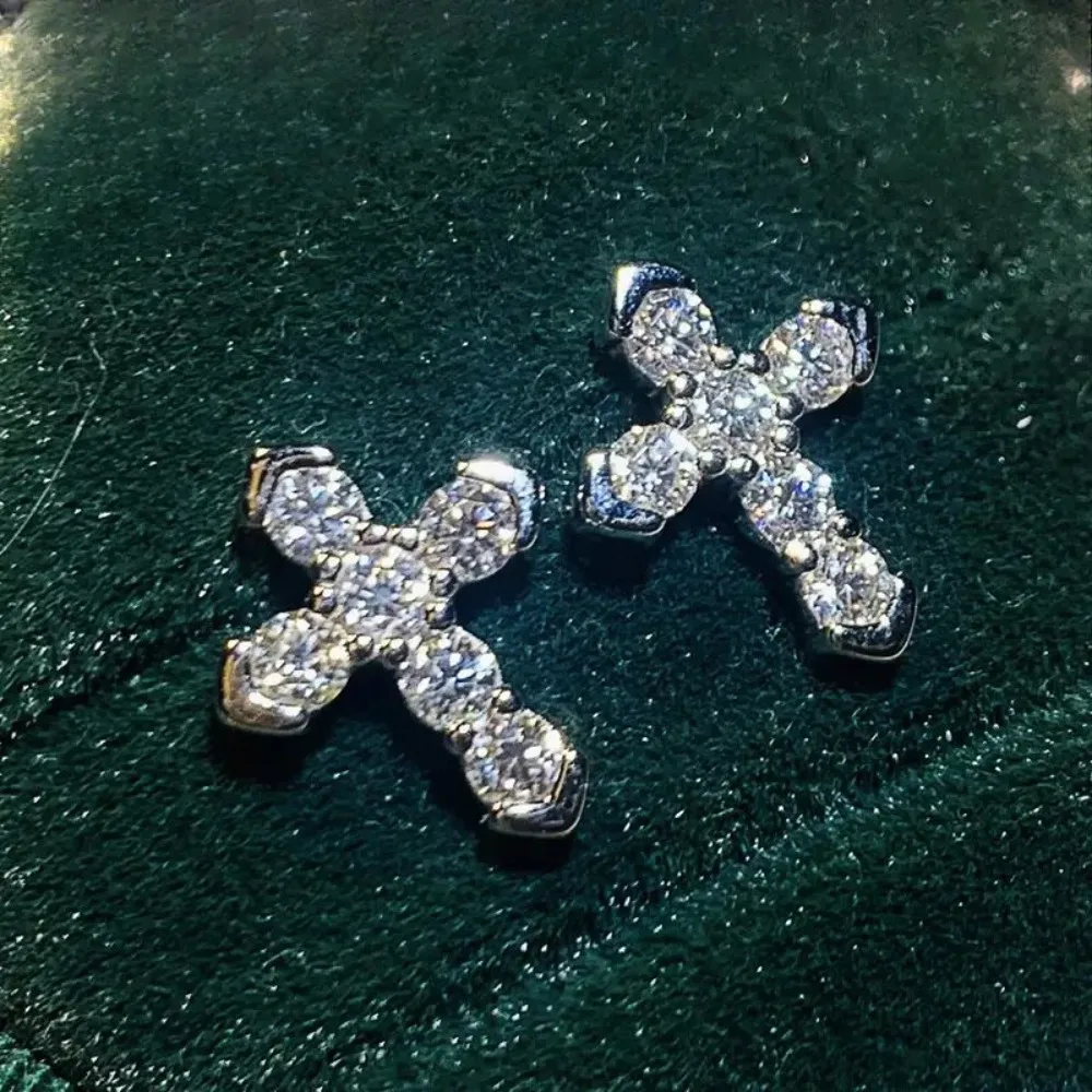 Trendy Silver Tone Stainless Steel Rounded Edge Cross Full Pave 5A Zircon Stud Earrings Bling Unisex Minimalist Fashion Jewelry