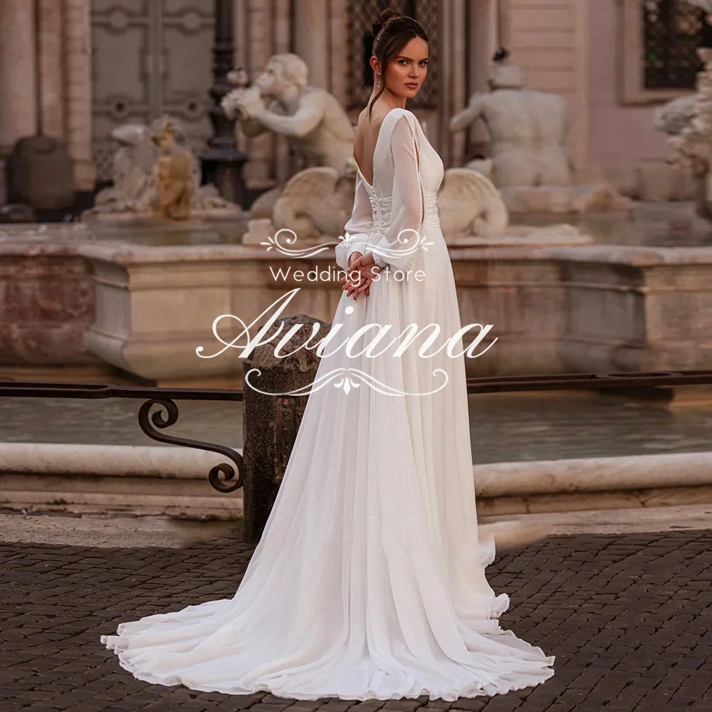 Aviana Crustomized Deep V-Neck High Side Split A-Line Wedding Dress Peal Sequin Beading Classic Full Sleeve Sweep Train Elegant