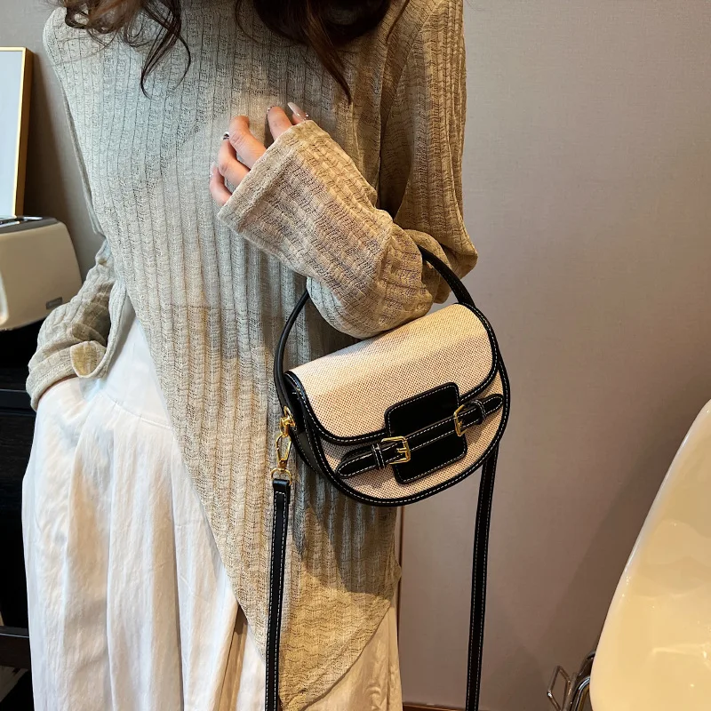 Women\'s Korean Fashion Crossbody Bag New PU Leather Canvas Spliced Bag Versatile Simple One Shoulder Bag Sewing Thread Handbag