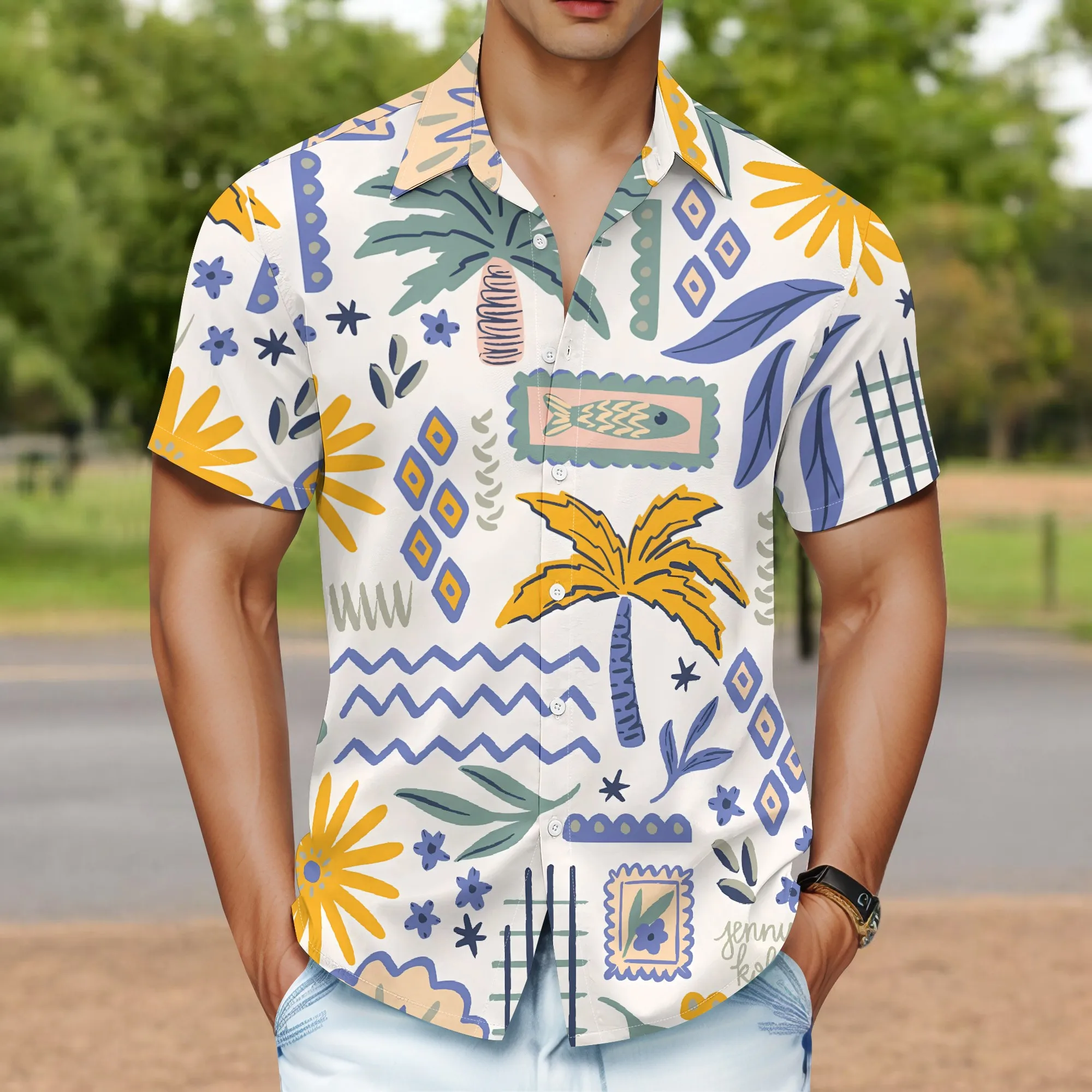 YEAE Tropical Doodle Print Shirt for Men Summer Casual Short Sleeve Top
