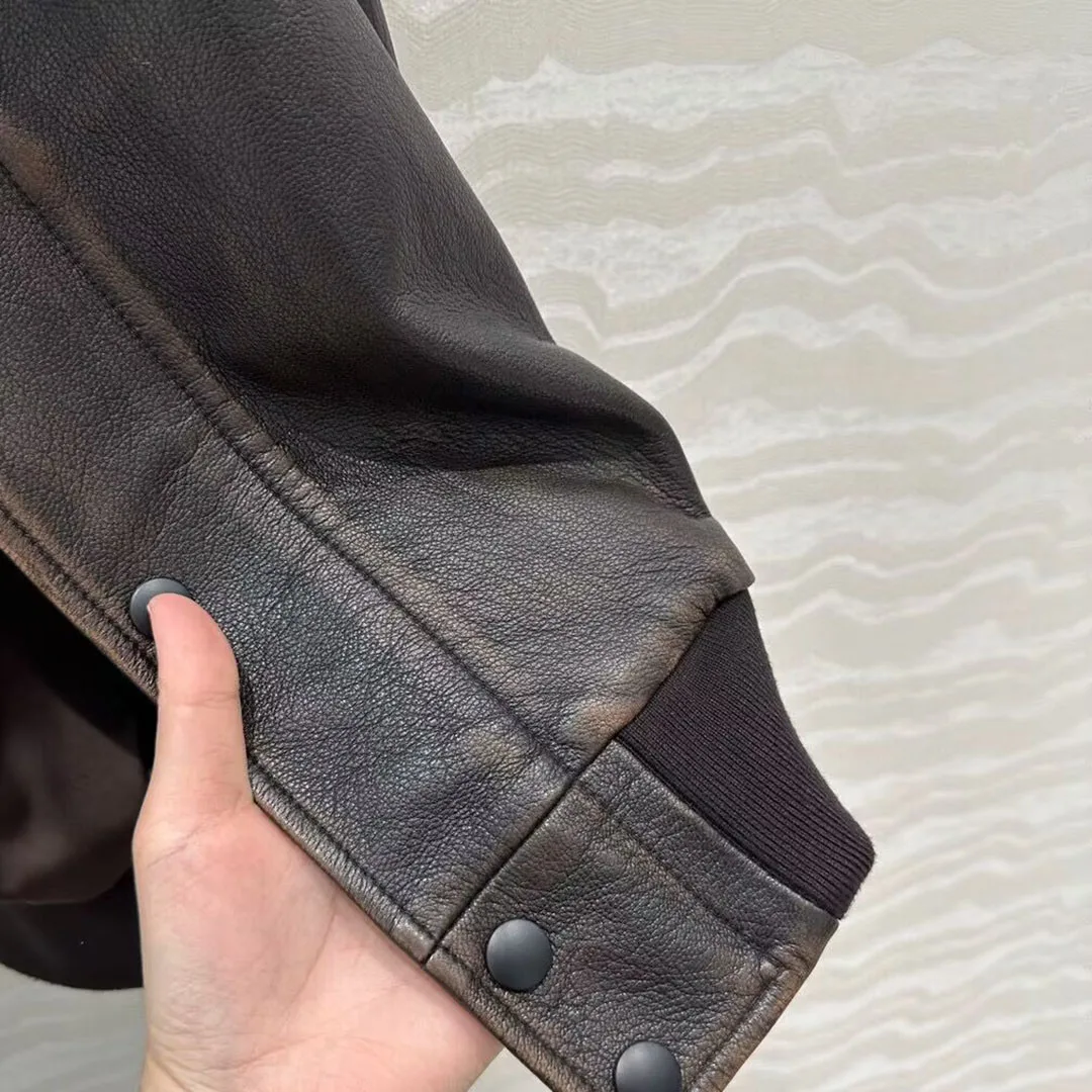 Vintage Distressed Wax Gedrukt Bruine Schapenvacht Leren Jas Dames Ronde Hals Lange Mouw Single Breasted Bomber Streetwear Jas