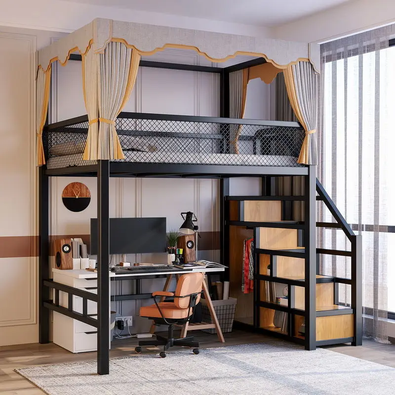 Tempat Tidur Rangka Besi Tinggi dan Rendah Rak Kabinet Tangga Kosong Tinggi Paviliun Tempat Tidur Lantai Dua Dupleks Rumah Tangga