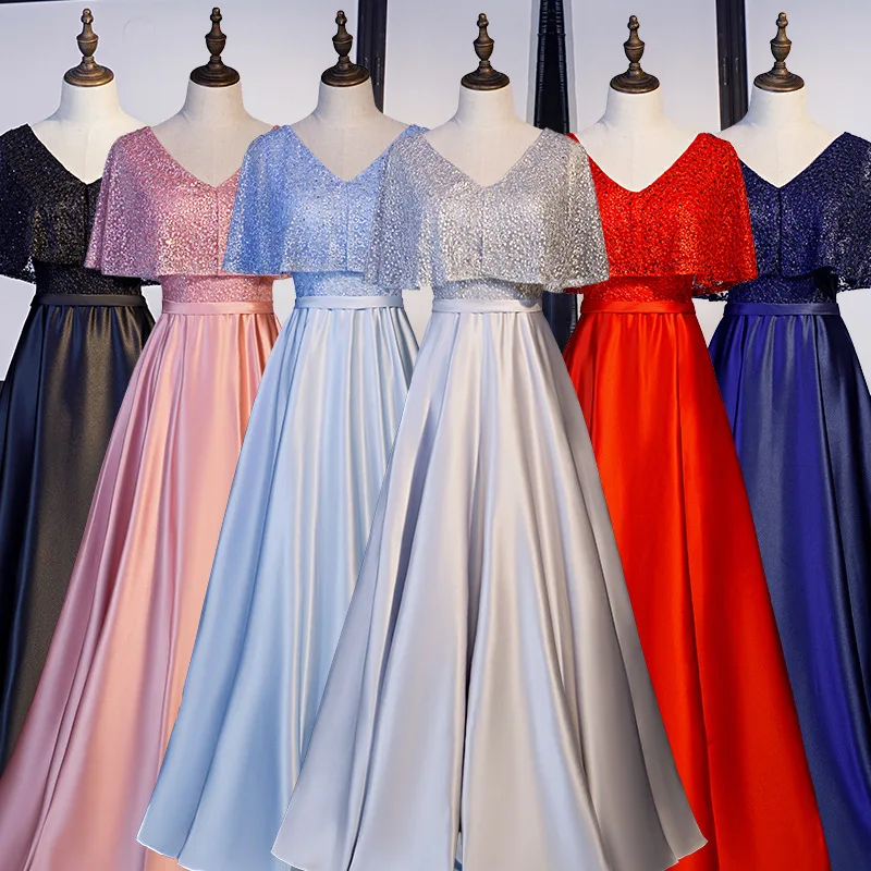 Fashionable New Chorus Dress Women's Evening Dress Elegant Long One Shoulder Drifting Sleeves V-neck Host Dress Performance