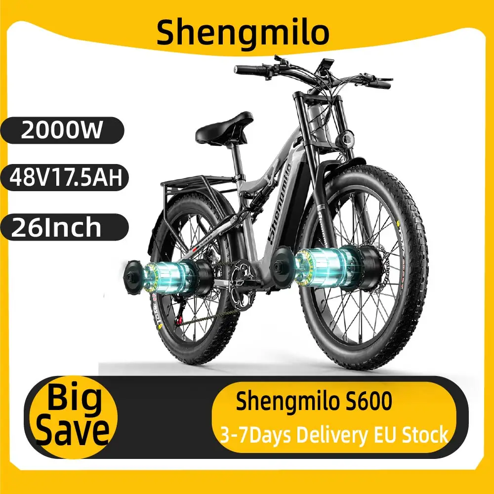 Shengmilo S600 adulte 2000W vélo électrique hommes e-mountain ebike avec deux moteurs, batterie 48V840WH, vélo électrique à gros pneus 26 "