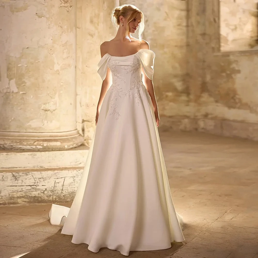 

Elegant A-line Wedding Dresses Off The Shoulder Customized Scoop Neck Applique Sweep Train Corset Bridal Gown vestido de novia