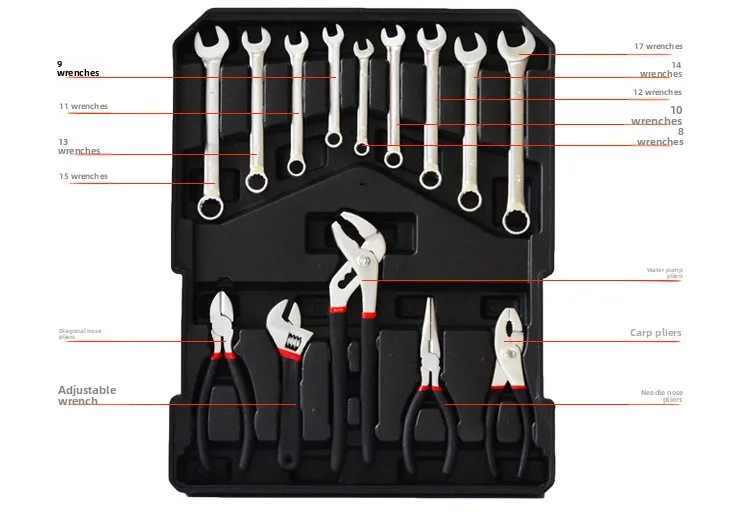 Conjunto de caixa de ferramentas doméstica de hardware manual portátil de aço carbono de 186 peças