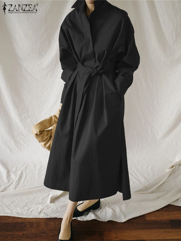 ZANZEA-Vestido camisero elegante de otoño para mujer, vestidos de oficina para mujer, Vestido veraniego elegante de manga larga con solapa, Vestido de trabajo OL liso con cinturón, 2025