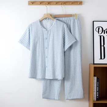 남성용 체크 무늬 원사 염색 거즈 코튼 파자마, 얇은 반팔 크롭 팬츠, 라운지웨어, O-넥 루즈 잠옷, 여름
